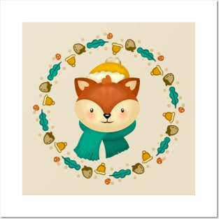 Christmas Fox Wreath Posters and Art